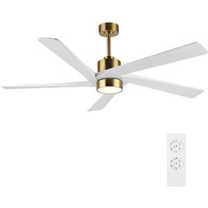 WINGBO 72 Inch DC Ceiling Fan with Lights and 3 Downrods, 5 Reversible Carved Wood Blades, 6-Speed Noiseless DC Motor, Large Ceiling Fan in Brass Finish with White Blades, ETL Listed