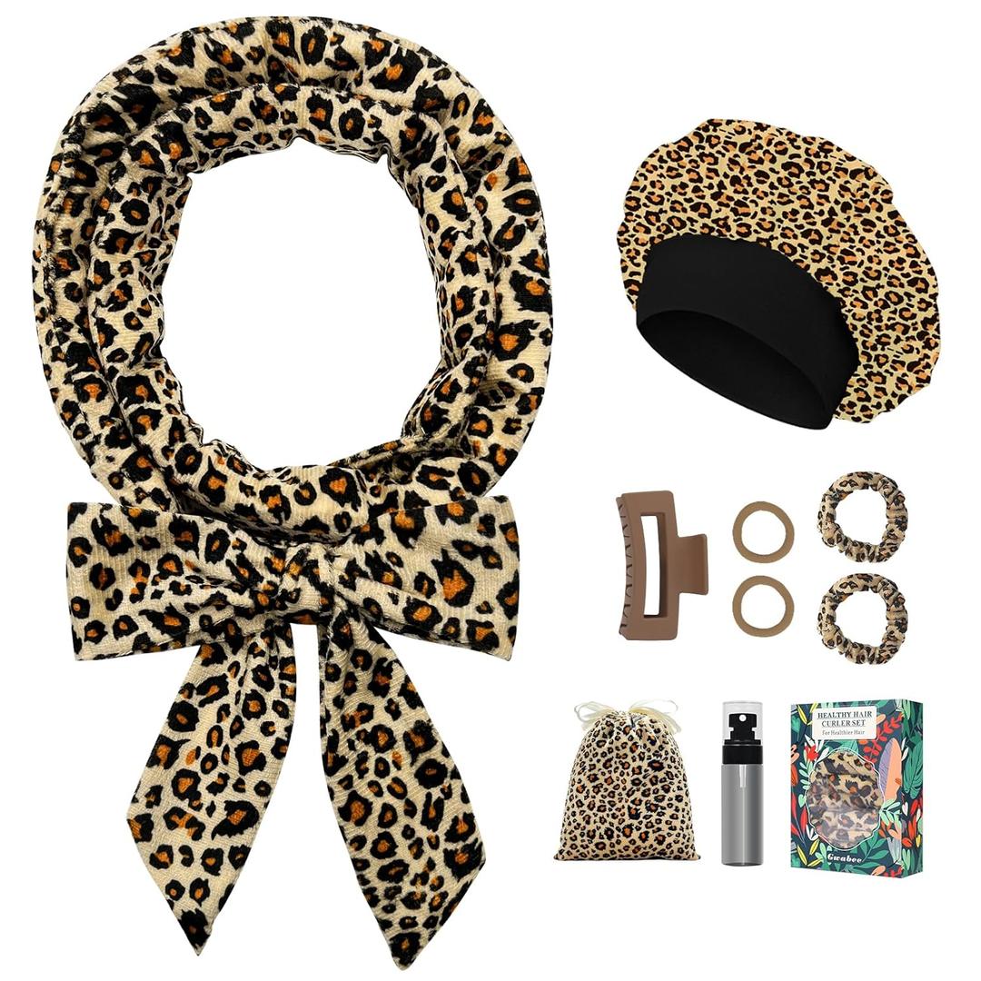 Gwabee No Heat Overnight Curl Headband - 70" Soft Ribbon Wrap for Long Hair, 9 PCS Curling Rods Set - Leopard Print Curls Headband