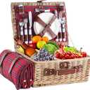 Wicker Picnic Basket for 4 with Waterproof Picnic Blanket and Insulated Cooler, Willow Hamper for Camping, Outdoors, Photoshoot, or a Birthday, Valentines Day, Wedding Gift (Red Grid)