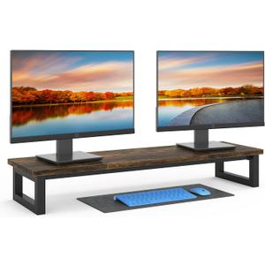 YAOHUOO Dual Monitor Stand Riser, 39Inch Large Monitor Stands for 2 Monitors, Computer Monitor Stand, Wooden Desktop Oraganizer Shelf for Office Desk Computer,Laptop,TV (Brown)