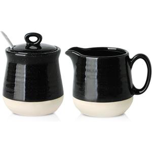 Hasense Sugar and Creamer Set, 3 Piece Porcelain Coffee Serving Set with Cream Pitcher, Sugar Bowl, Lid & Spoon, 10 Ounce Creamer Container and Sugar Pot, Farmhouse Decor (Black)