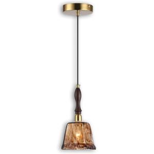 Modern Amber Glass Pendant Light, 4.33"x9.8" Hanging Fixture with Golden Wood Handle & Brass Cap, 15"-72" Adjustable Line, E26 Socket  Golden Amber Square