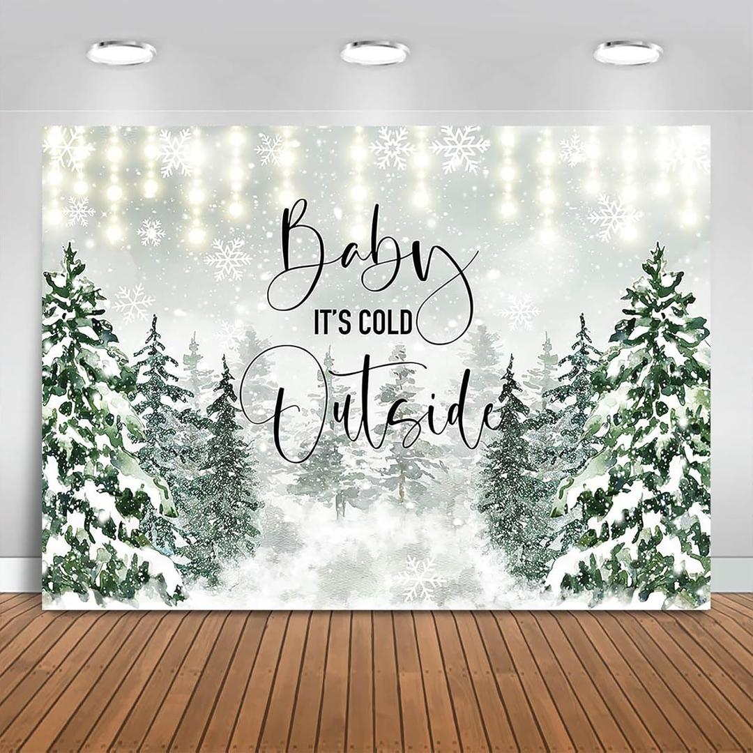 Fitumiw Baby It's Cold Outside Backdrop 7x5ft Snowy Forest Photography Background Winter Baby Shower Party Decorations Winter Wonderland Snowflakes Banner Photo Booth Props (Green)