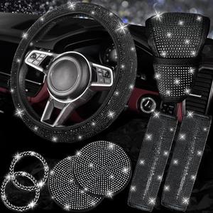 NBTEPEM 8 pcs Bling Car Accessories Set for Women, Steering Wheel Cover, Sparkly Seat Belt Covers, Bling Gear Shift Cover, Universal Fit Most Cars (Black Diamond)