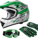 XFMT DOT Youth Kids Motocross Offroad Street Dirt Bike Helmet Youth Motorcycle ATV Helmet with Goggles Gloves Green Flame XL