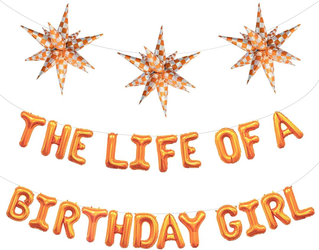 The Life of A Birthday Girl Balloons Banner Bright Orange Checkered Gingham Burst/Explosion Star Foil Balloons in My Music Era Singer Theme Decor Happy Birthday Party Decorations Supplies for Girl