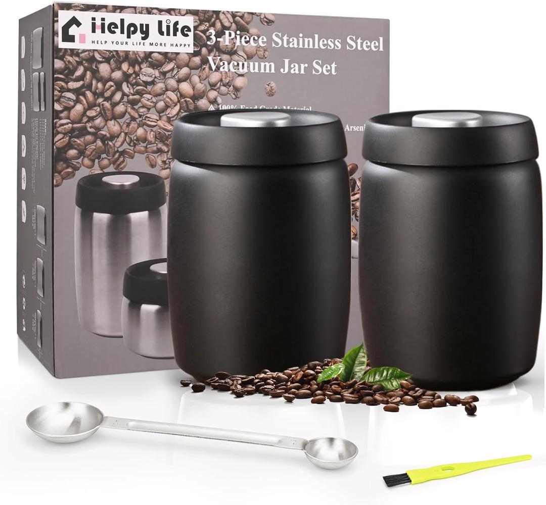 Vacuum Coffee Canister, Coffee Bean Storage with Scoop, Stainless Steel Airtight Food Storage Container, Perfect for Coffee Beans,Coffee Grounds,Loose Leaf Tea (1200ml*2 Matte Black)