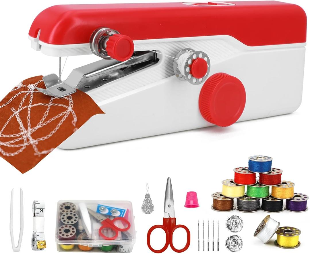 Handheld Sewing Machine, Mini Portable Sewing Machine for Beginners, Electric Fast Stitching, DIY Fabric Clothes Repair Kit, Home Travel Mending Machine with Accessories (Red)