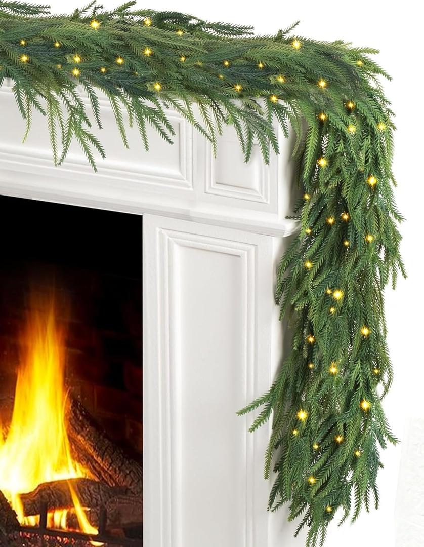 JOJOLEE 12FT2Pcs 6FT Artificial Norfolk Pine Garlands, Pre-Lit Christmas Garland with Timer Lights 8 Modes, Battery Powered Garland, Natural Hanging Greenery for Fireplace Mantle Stair Decor