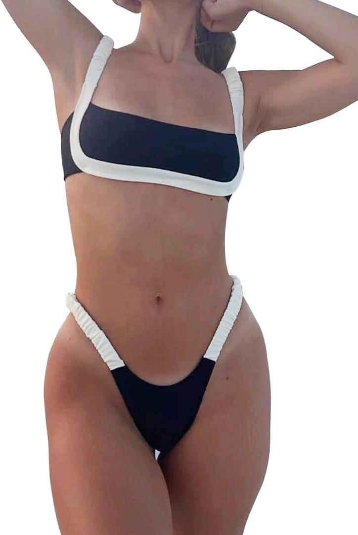 HYTENSUN Women's Bandeau Cheeky Bikini Colorblock Square Neck High Cut Swimsuits Two Pieces Bathing Suits (151 Black) S