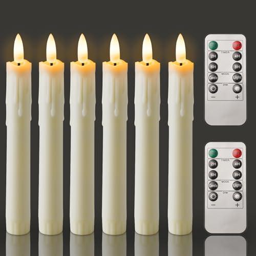 Homemory 7 Inches Flameless Taper Candles with Remote Timer, Short Led Candlesticks with 3D Flickering Light, Battery Operated Candles with Lifelike Flame for Wedding Home Xmas Decor, Ivory, 6 Pcs