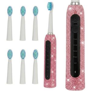 Diamond Sonic Electric Toothbrush Bling Rechargeable Toothbrushes for Adults with 6 Brush Heads Vibrating Toothbrush-5 Modes, USB-C Fast Charge,2Min Smart Timer, IPX7 Waterproof(Pink)