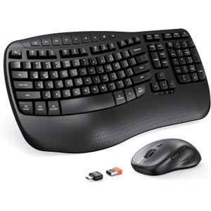 MEETION New Ergonomic Keyboard and Mouse Wireless Combo, Wave Keys Natural Typing, 2.4G Wireless Keyboard with Wrist Rest, 4 Adjustable DPI Optical Mouse, Computer/Laptop/Windows/Mac, Black (Wave-Black)