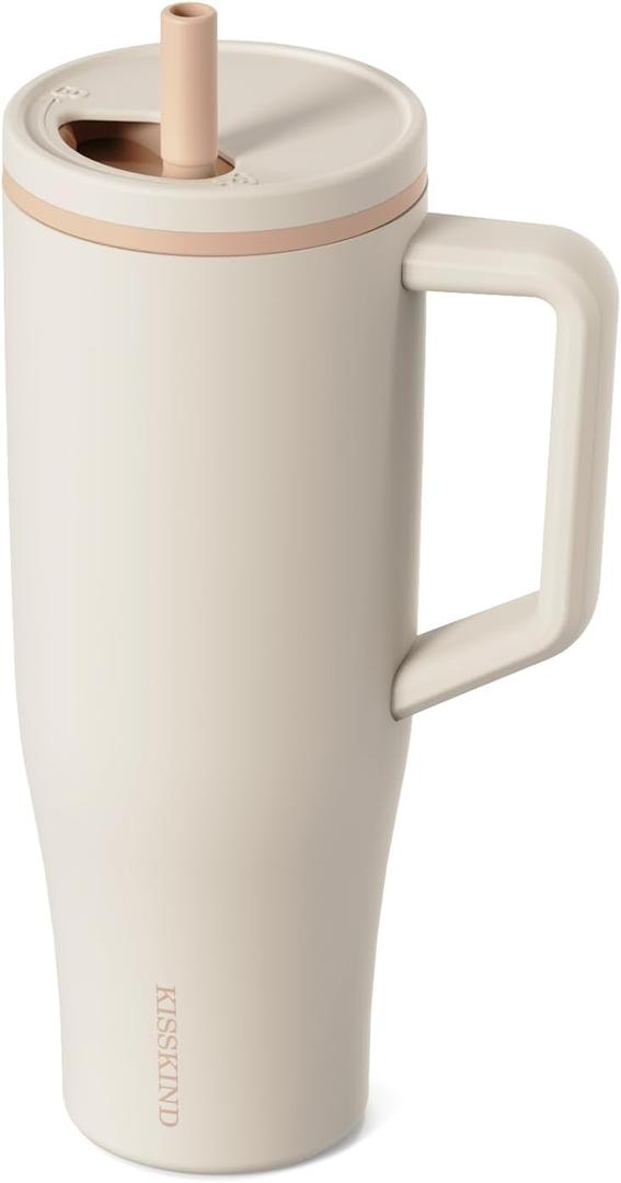 KISSKIND 40 oz Tumbler with Handle and Straw Lid, 100% Leakproof Stainless Steel Vacuum Insulated Cup Travel Coffee Mug Water Bottle, Car Cup Holder Friendly, Rubber Base, Gifts for Women Men (Coffee)