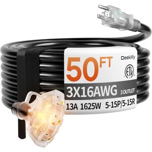 50 ft 16/3 awg 3 Outlet Extension Cord Splitter with Indicator, Waterproof Outdoor Extension Cord with Multiple Outlets, 13A 1625W for Home & Workshop, ETL Listed, Black SJTW