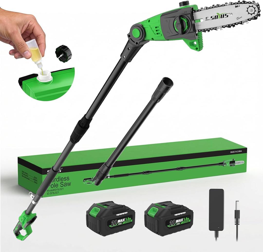 SOYUS 8-Inch Cordless Pole Saw For Tree Trimming With 2 x 3.0 Ah Batteries, Hunter Green 