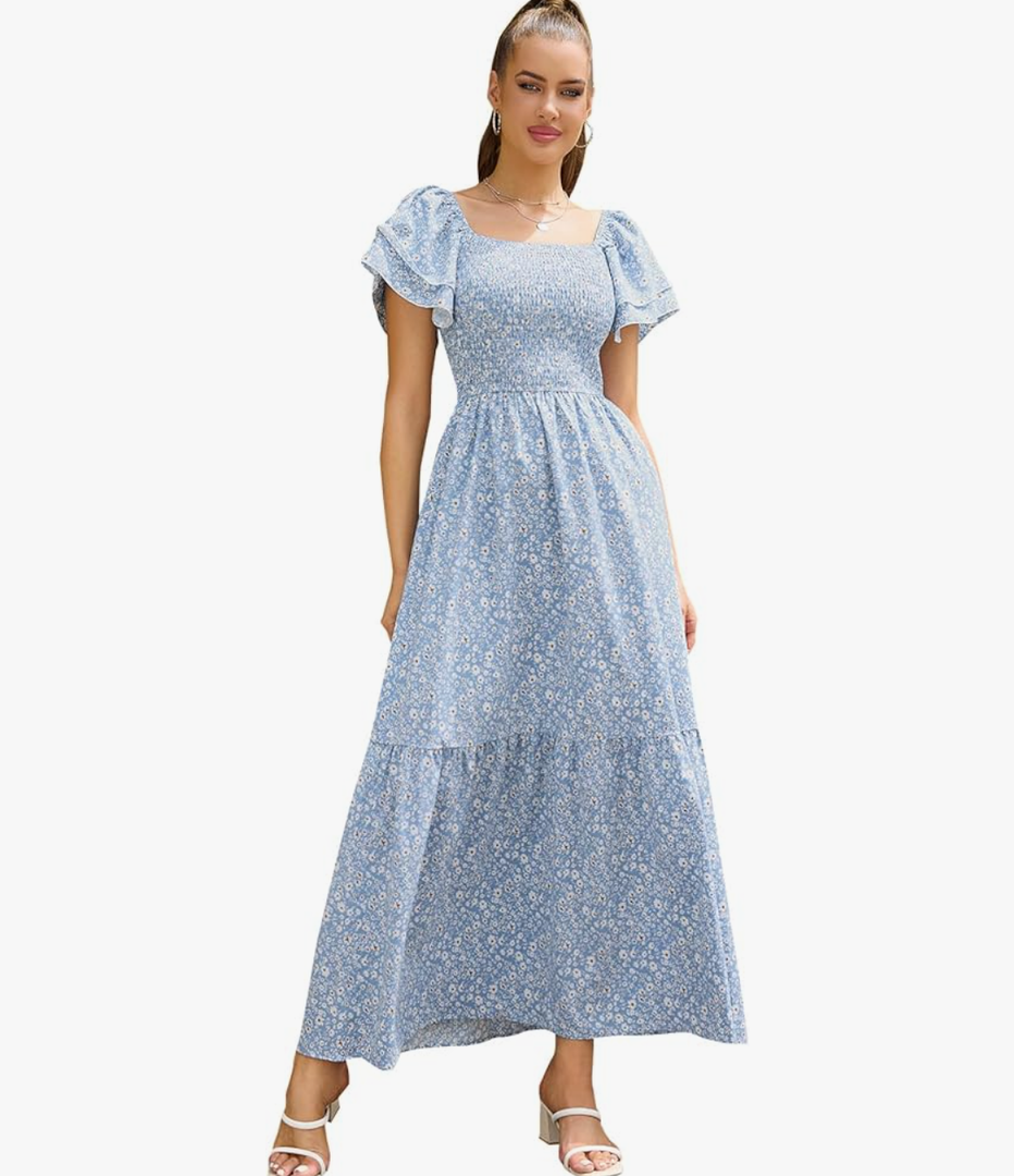MakeMeChic Women's Floral Print Layered Short Sleeve Square Neck Ruffle High Waist A Line Summer Long Dress M