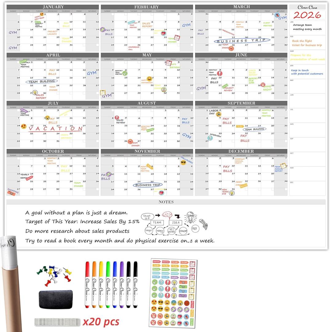 CLEVER CLEAN Large Dry Erase Wall Calendar - 48"x58" 12-month 2026 Undated Reusable Yearly Calendar for Home, Office, School Projects - Jumbo Laminated Task Organizer