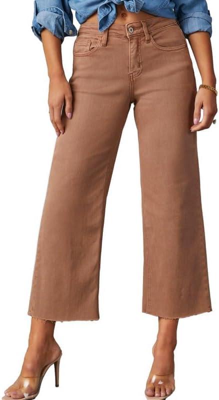 Allimy Women's High Waisted Wide Leg Ripped Capri Jeans, 6