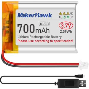 MakerHawk 3.7V Lipo Battery 700mAh Rechargeable Lithium Polymer Battery 603040 Micro Ph1.25 Connector Integrated Protection Circuit with USB Cable for Electronic Device (1 Pcs)
