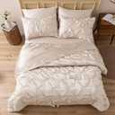 MR&HM Satin Comforter Queen 7 Pieces - Luxurious Pinch Pleat Bedding Set with Comforter, Flat Sheet, Fitted Sheet, Pillowcases & Shams, Super Silky Soft Bed Set for All Season (Queen, Beige)