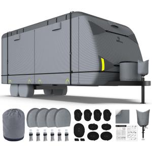 RVMasking Travel Trailer RV Cover 22-24ft, 7 Layers Extra-Thick Camper Cover Waterproof Windproof for Toy Hauler with 4 Tire Covers & Tongue Jack Cover, Durable Trailer Cover for RVs, Medium Gray
