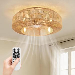 Siljoy 24" Boho Ceiling Fan Light and Remote, Rattan Chandelier Ceiling Fan Light, Gold Caged Fandelier with Lights Flush Mount, 6 Wind Speeds for Bedroom, Living Room, Dining Room, 23.6 Inch