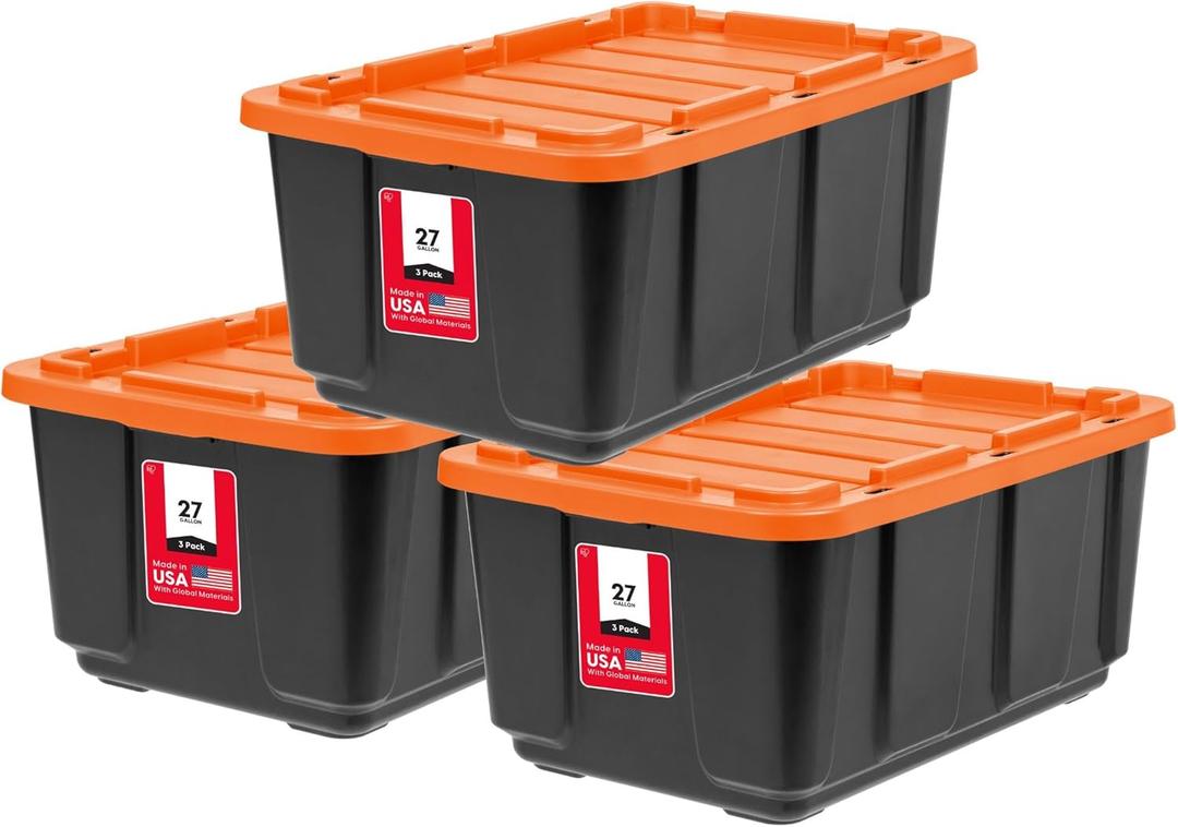 IRIS USA 27 Gallon Heavy Duty Truck Bed Toolbox Storage Tote Bins with Lids, 3 Pack - Made in USA, Tough Snap On Lockable Lid Stackable Industrial Tubs, Garage Organization Reusable Box - Orange