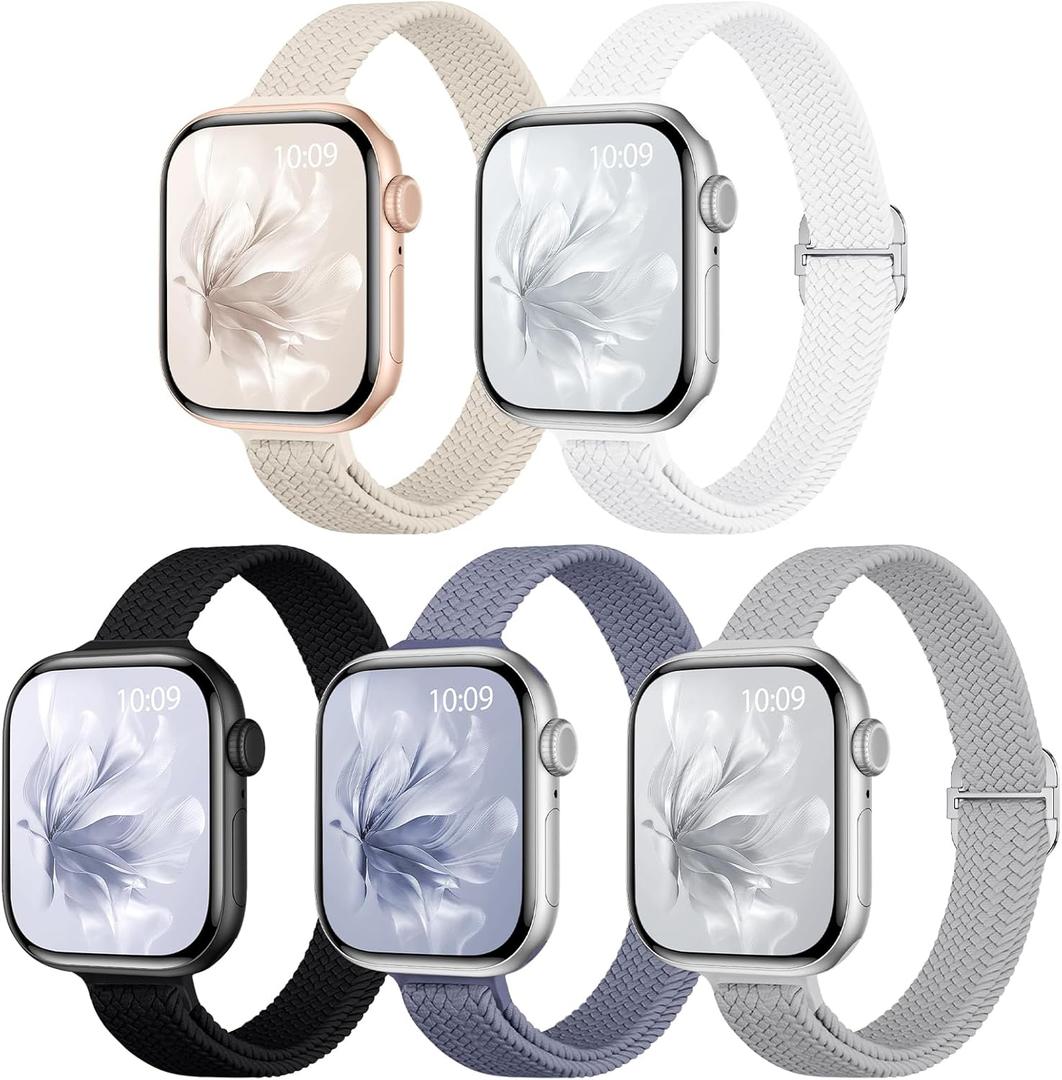 5 Pack Slim Braided Stretchy Bands Compatible with Apple Watch Band 38/40/41/42mm(Series 10/11) Women Men, Thin Elastic Nylon Solo Loop Straps for iWatch Series 10 9 8 7 6 5 4 3 11 SE 2/1 (Black/Starlight/BlueGrey/StoneGrey/White)