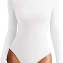 REORIA Womens Long Sleeve Bodysuits Fall Basic Round Neck Lightweight Double Lined Layering Slim Body Suit Tops (X-Small, White)