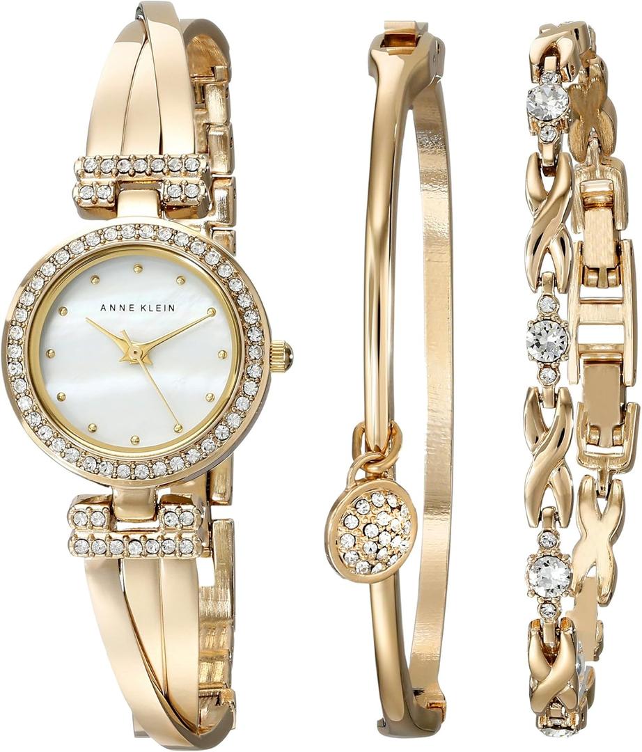 Anne Klein Women's Premium Crystal Accented Bangle Watch and Bracelet Set (Gold)
