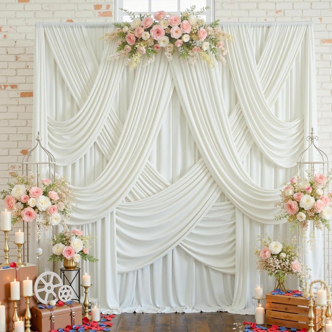 6 Panels 5x12ft Ivory Backdrop Curtains for Parties, Wrinkle Free Polyester Ivory Photo Backdrop Drapes 12 ft Long Back Drop Cloth for Wedding Birthday Photography Background Party