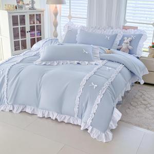 IHOUSTRIY Blue Duvet Cover Full Size, Cute Bow Duvet Cover Set with Zipper Closure, 3 Pieces White Ruffle Soft Microfiber Bedding Set with 4 Ties (79"x90", 2 Pillow Cases)