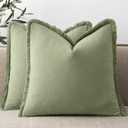 ANRODUO Set of 2 Decorative Throw Pillow Covers 2020 Inch Soft Linen Fringe Farmhouse Boho Vintage Cushion Covers with Tassels Accent Pillowcase for Couch Sofa Bed Living Room Fall Decor Sage Green