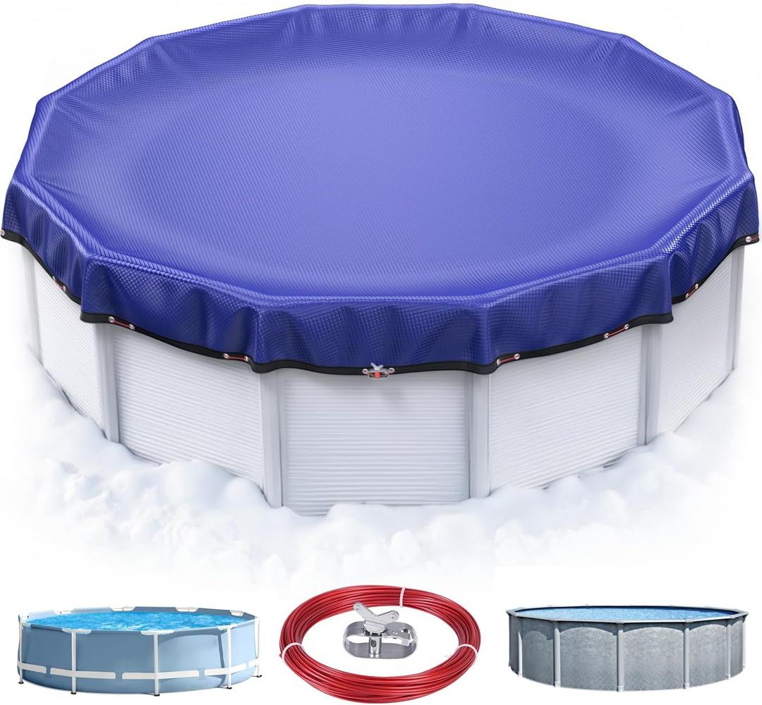 UIRWAY [200GSM Heavy Duty] 21FT Winter Pool Cover 2026 Upgrade Thick Pool Cover for Above Ground Round Pools, UV & Cold Resistant Swimming Pool Cover, Tearproof Tarp with Cable System
