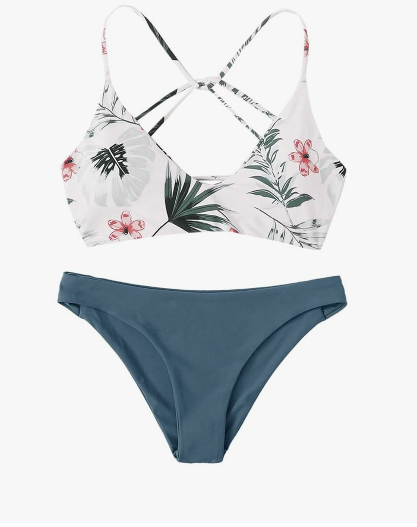 SweatyRocks Women's Sexy Bathing Suit Floral Print Cross Back Bikini Set Swimsuits, Size S