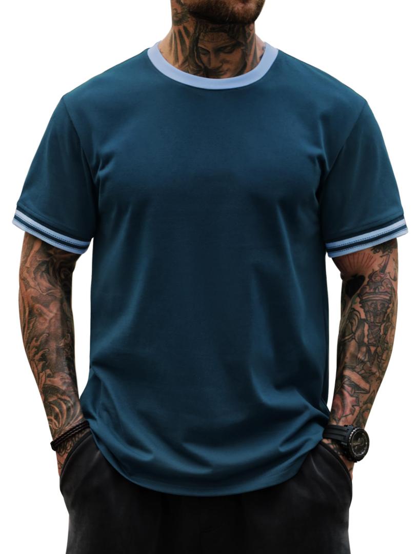 Herberton Men's Ringer Retro Casual Tee Summer New Shirts Rib-Knit Cuffs Plain Classic Trendy Knitted Cotton Solid Color Ribbed Heavyweight Gym Solid Crewneck Tshirt Navy XXL (Blue, XXL)