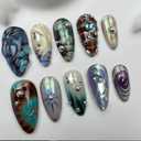 2 x Goth French Tip Press on Nails Almond Medium Blue Acrylic Fake Nails Press Ons with Glue Snake Print 3D Silver Beads Stick on Nail 24Pcs Purple Gothic Artificial Glue on False Nail for Women