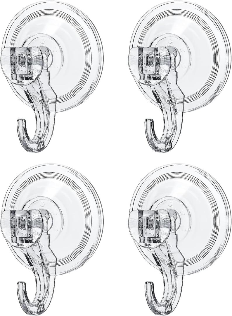 Suction Hooks 4 Packs, Clear Powerful Push and Lock Vacuum Suction Cup, Multi-Purpose Suction Shower Hooks for Front Door Window Glass Kitchen Towel Loofah Utensils (Transparent)