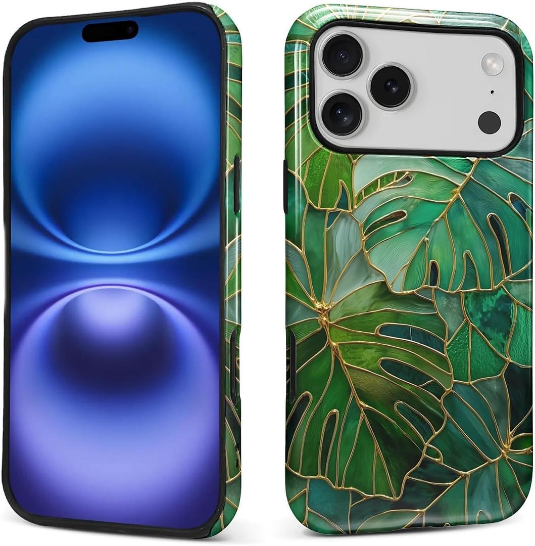 CARLOCA Case for iPhone 17 Pro Max,Stained Glass Style Monstera Leafs Design Hybrid Dual Protection Soft TPU Hard PC Shockproof Anti Scratch Men & Women Stylish Protective Phone Case
