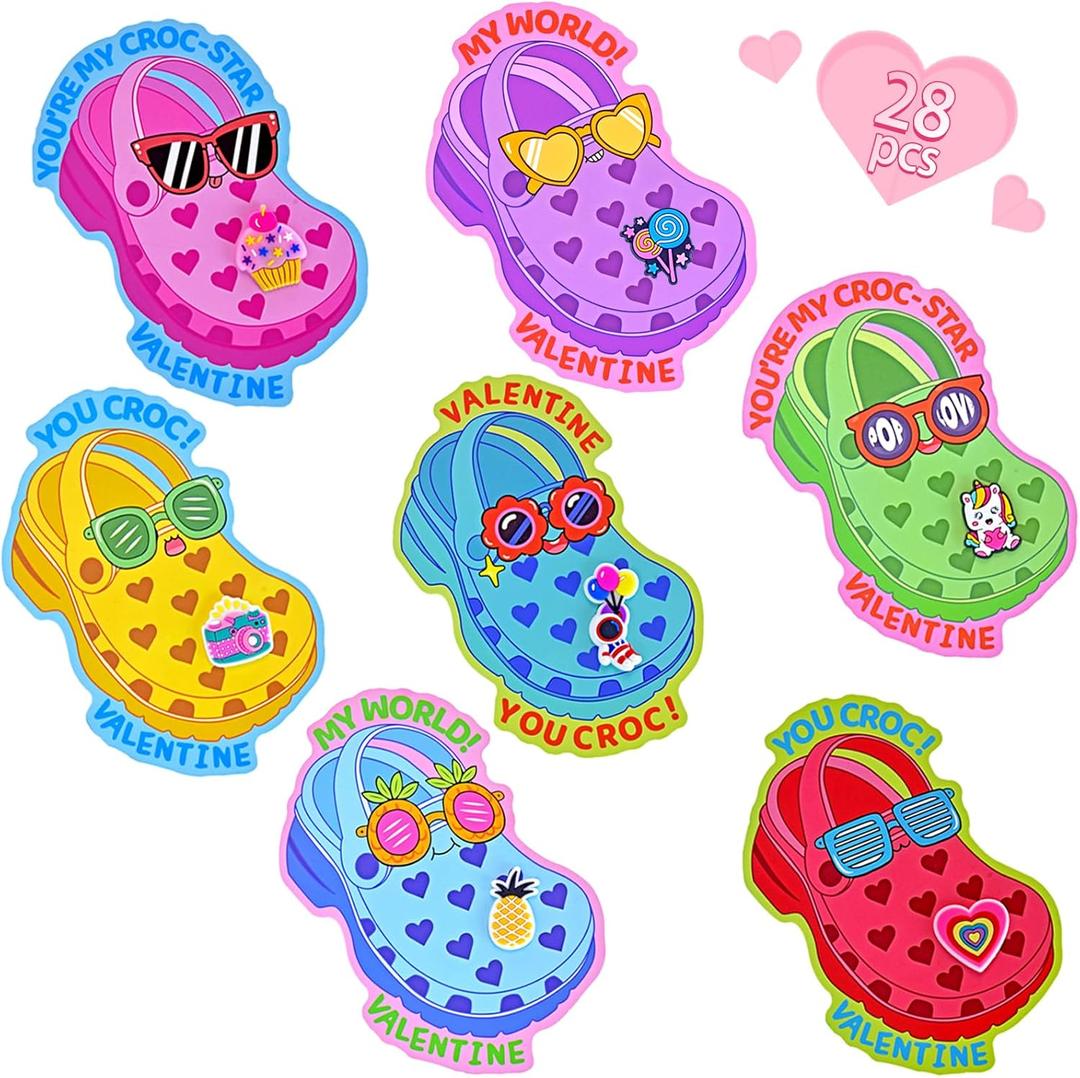 6 x Pinkcow Valentines Day Gifts for Kids Classroom - Valentines Cards with Shoe Charms Bulk for Toddler Class School Exchange Gift - Valentines Kids Party Favors for Boys Girls - 28 Pack