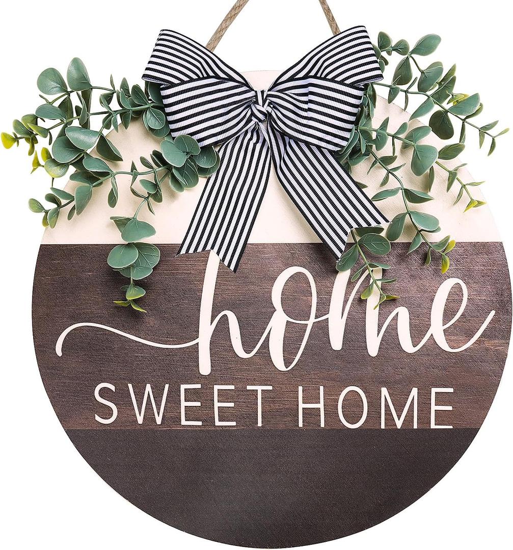 Home Sweet Home Welcome Signs for Front Door Porch Dcor,Home Plain Round Wooden Farmhouse Rustic Outdoor Wreaths Wall Hanging Sign,Holiday Spring Summer Fall Decorations for Home Gifts