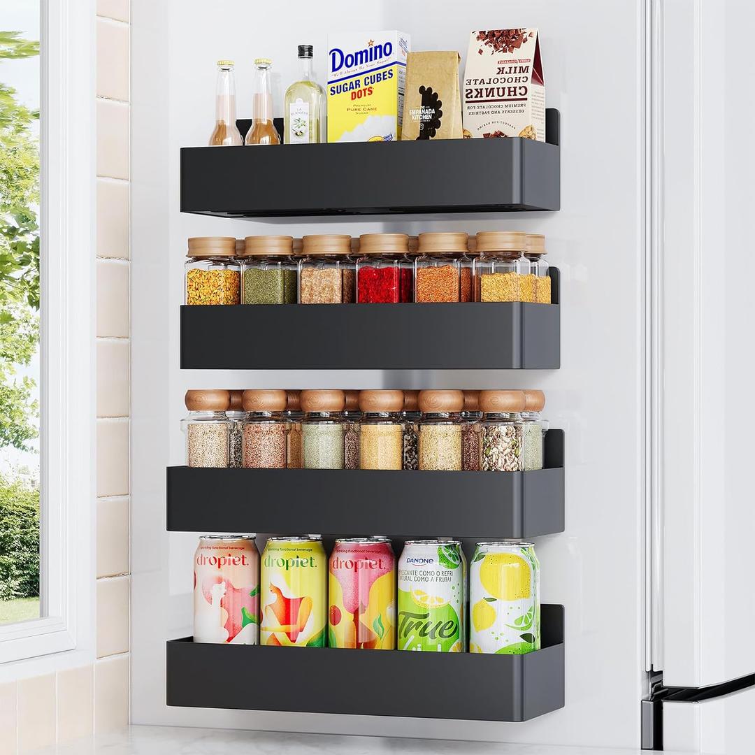 Magnetic Spice Rack for Refrigerator, Kitchen Organizer and Storage Shelf, Black (4 Pack) (4 Pack, Black)