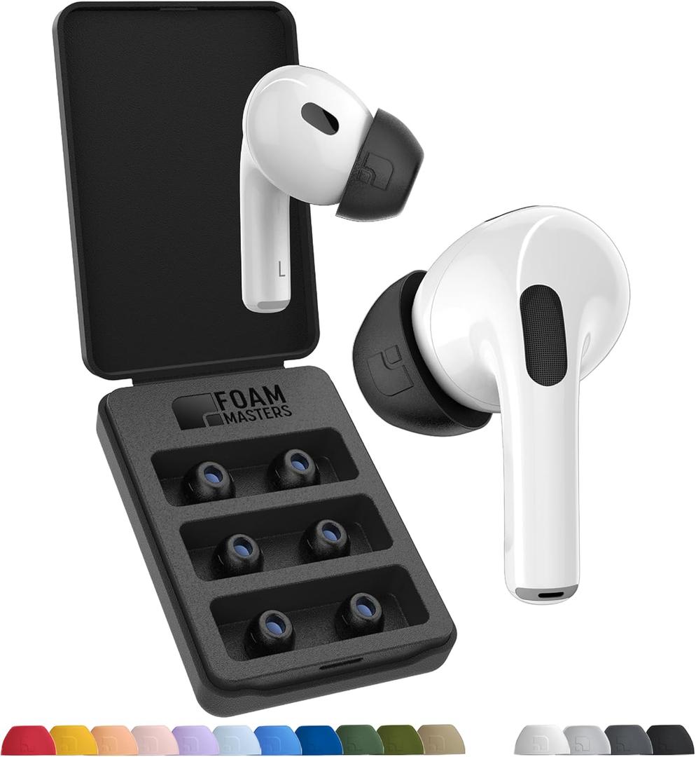 Foam Masters Ultra-Premium Memory Foam Ear Tips for AirPods Pro 1st & 2nd Gen | 3 Pairs | New Ver. | Secure Fit | Super Comfort | Better Noise Cancel | Replacement Buds (Assorted S/M/L, Black)