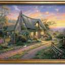Vintage Framed Wall Art Country Cottage Painting Canvas Print Antique Gold Framed Wall Art Picture Wall Decor for Bedroom kitchen Living Room (cottage at dusk, 20L" x 16W")