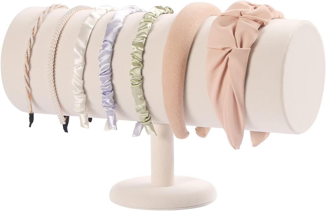 ByKen T-bar Headband Holder Organizer,Hair Band Ear Jewelry Accessories Display Stand for Girls, Beige Velvet 