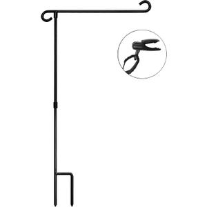 HOOSUN Garden Flag Stand Holder Pole Easy to Install Strong Sturdy wrought iron Fits 12.5" x 18" Mini Flag with 1 Tiger Clip Curved hook with S type (1)