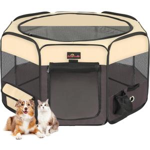 Aivituvin Portable Pet Playpen, Foldable Dog Tent Crate Cage for Puppies and Cats, Exercise Pop Up Dog Kennel with Carrying Case Indoor Outdoor, Waterproof and Zipper Top Cover Door, Brown (Medium (Pack of 1))