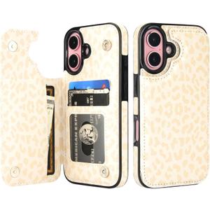 HAOPINSH for iPhone 16 Wallet Case with Card Holder, Cream-Coloured Leopard Pattern Back Flip Folio PU Leather Kickstand Card Slots Case for Women Girls, Double Magnetic Clasp Shockproof 6.1"