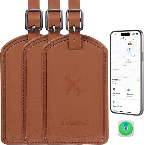 Luggage Tags Builtin AntiLoss Tracker, Luxury Leather Luggage Tags for Suitcase, Travel Bags, Backpacks, Travel Organizer for Lost Baggage Prevention (Brown*3 Pack)